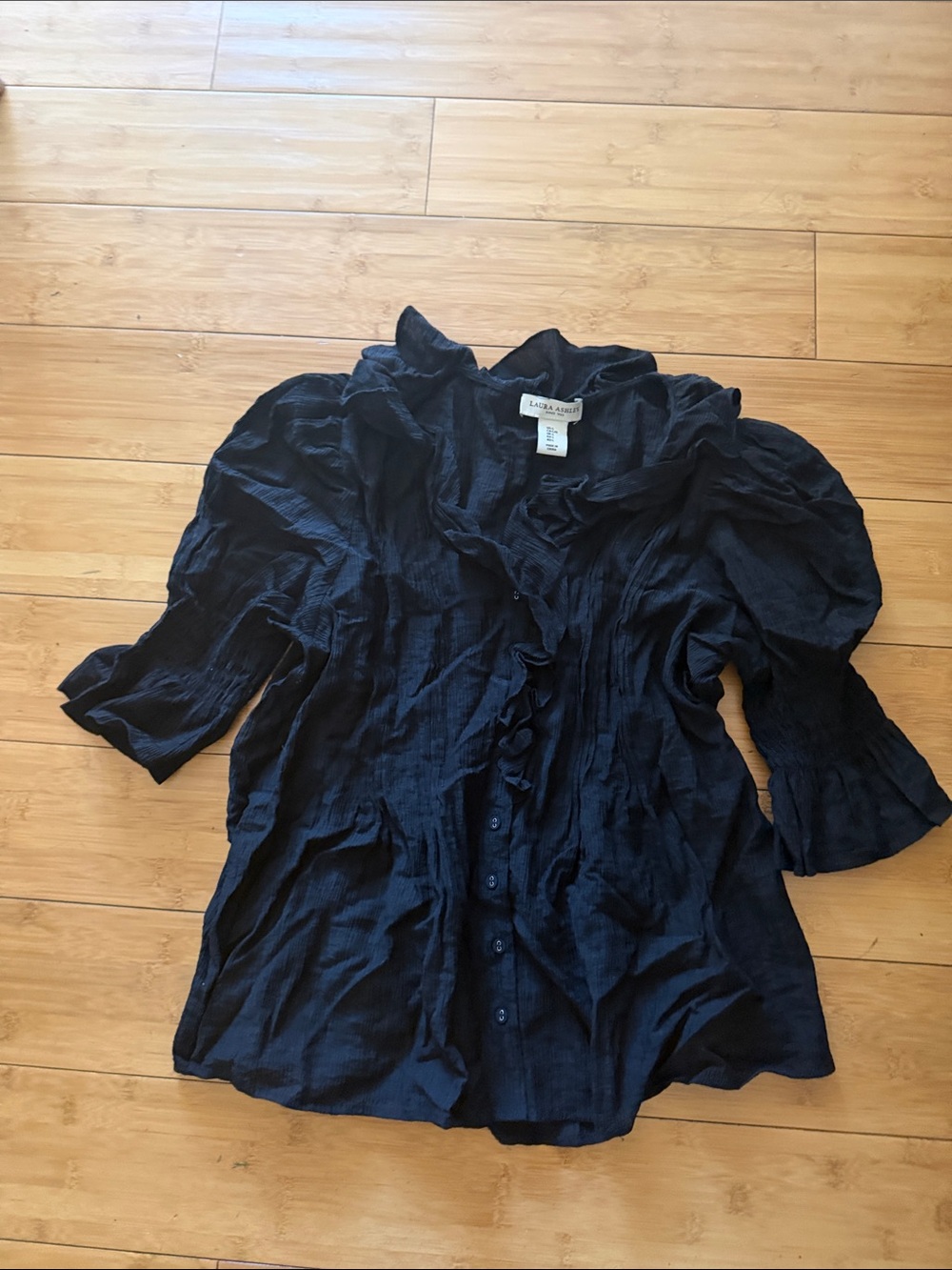 Black Ruffled Button-Down Blouse Laura Ashley